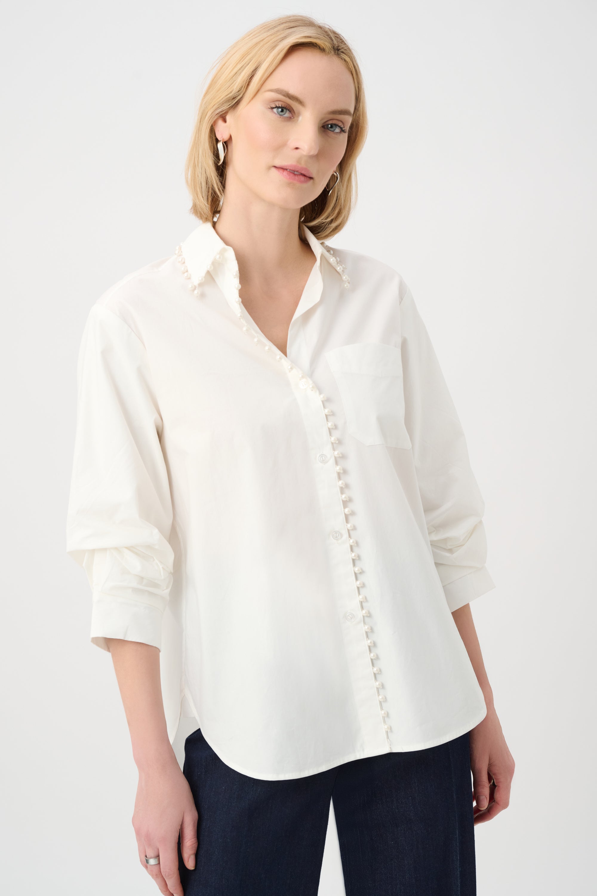 JOSEPH RIBKOFF COTTON POPLIN PEARL TRIM BOXY BLOUSE