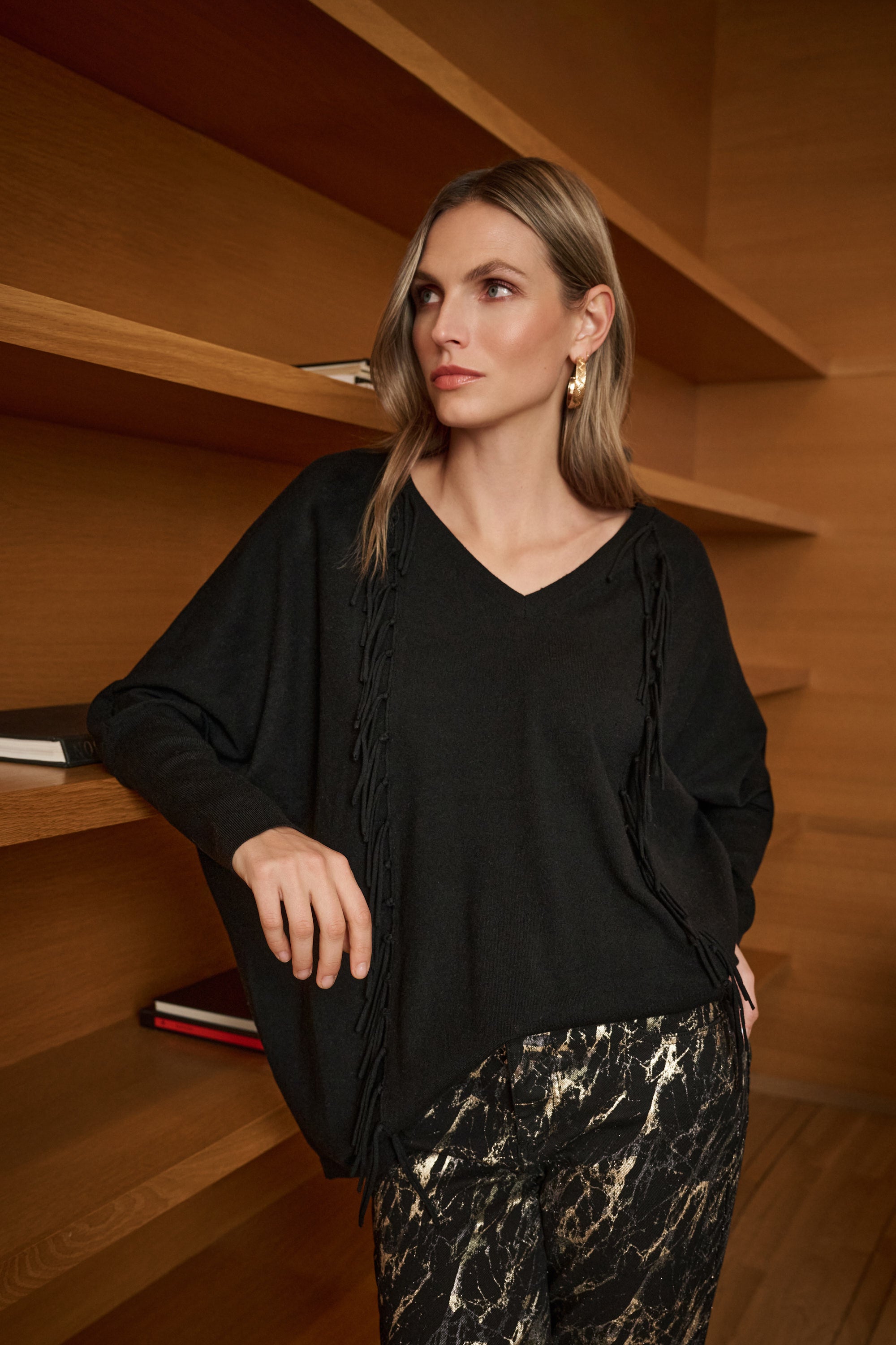 JOSEPH RIBKOFF VISCOSE KNIT FRINGED SWEATER