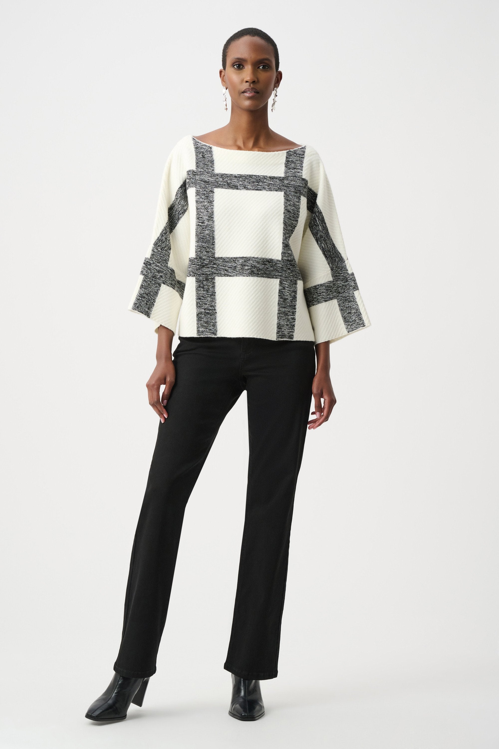 Joseph Ribkoff Brushed Viscose and Nylon Plaid Boat-Neck Sweater