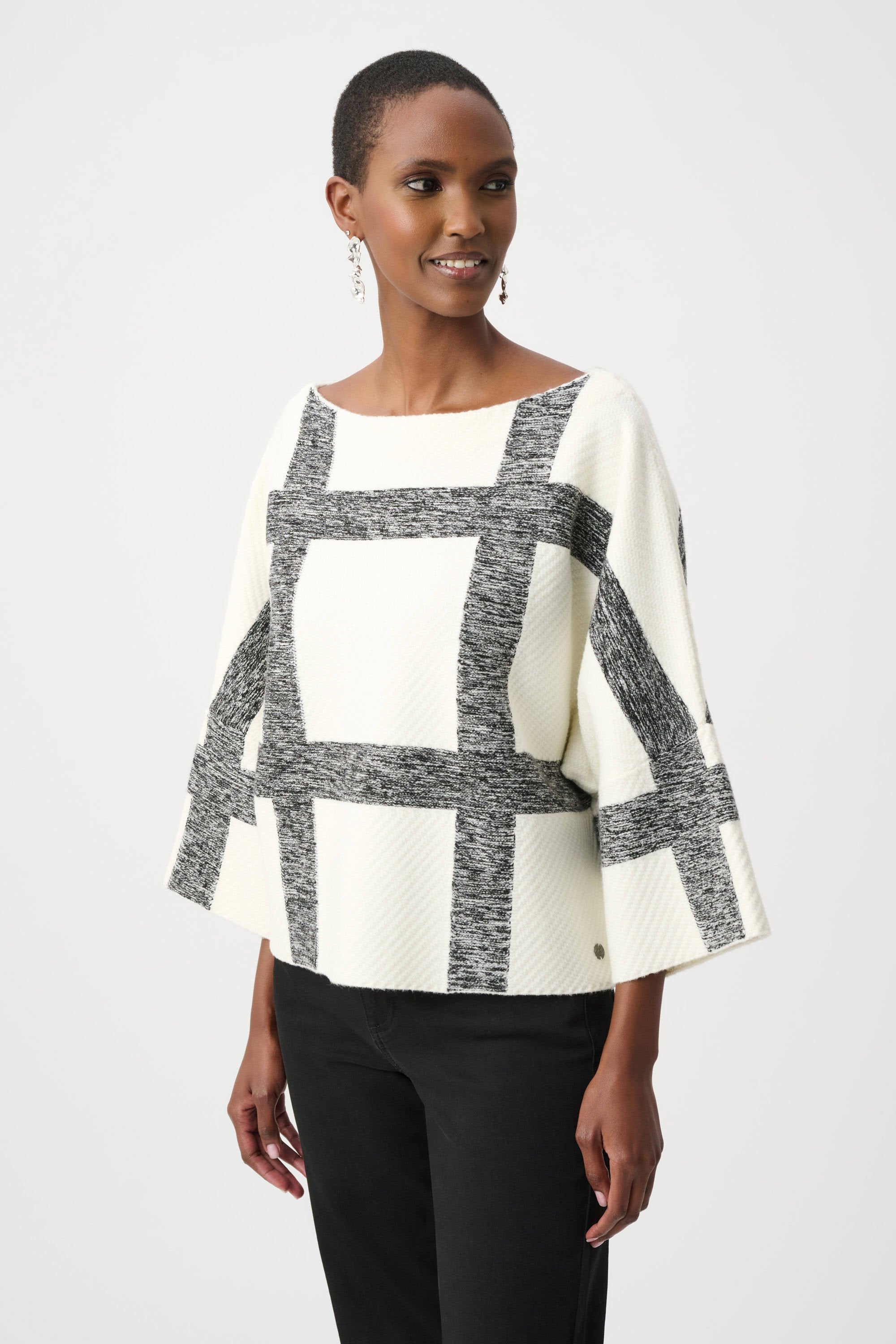 Joseph Ribkoff Brushed Viscose and Nylon Plaid Boat-Neck Sweater
