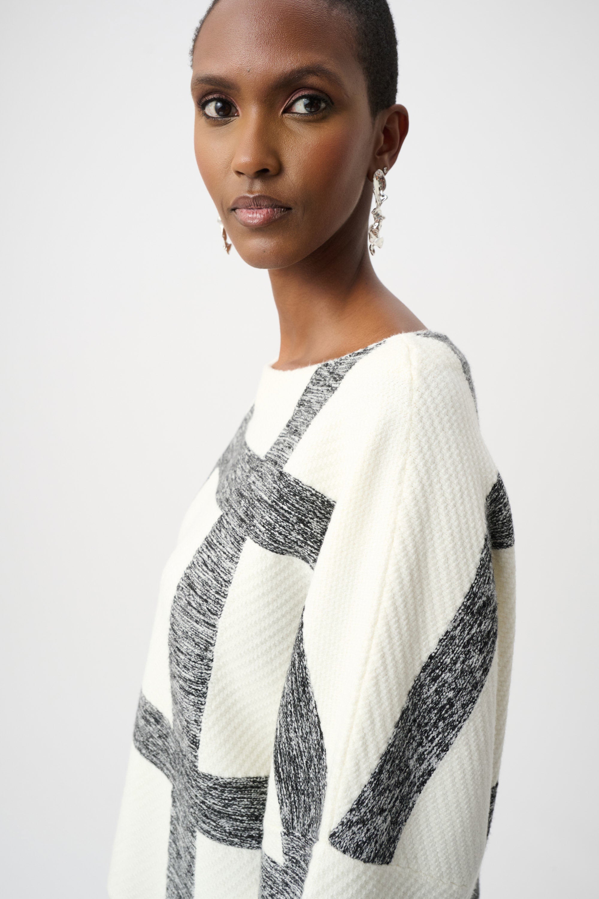 Joseph Ribkoff Brushed Viscose and Nylon Plaid Boat-Neck Sweater