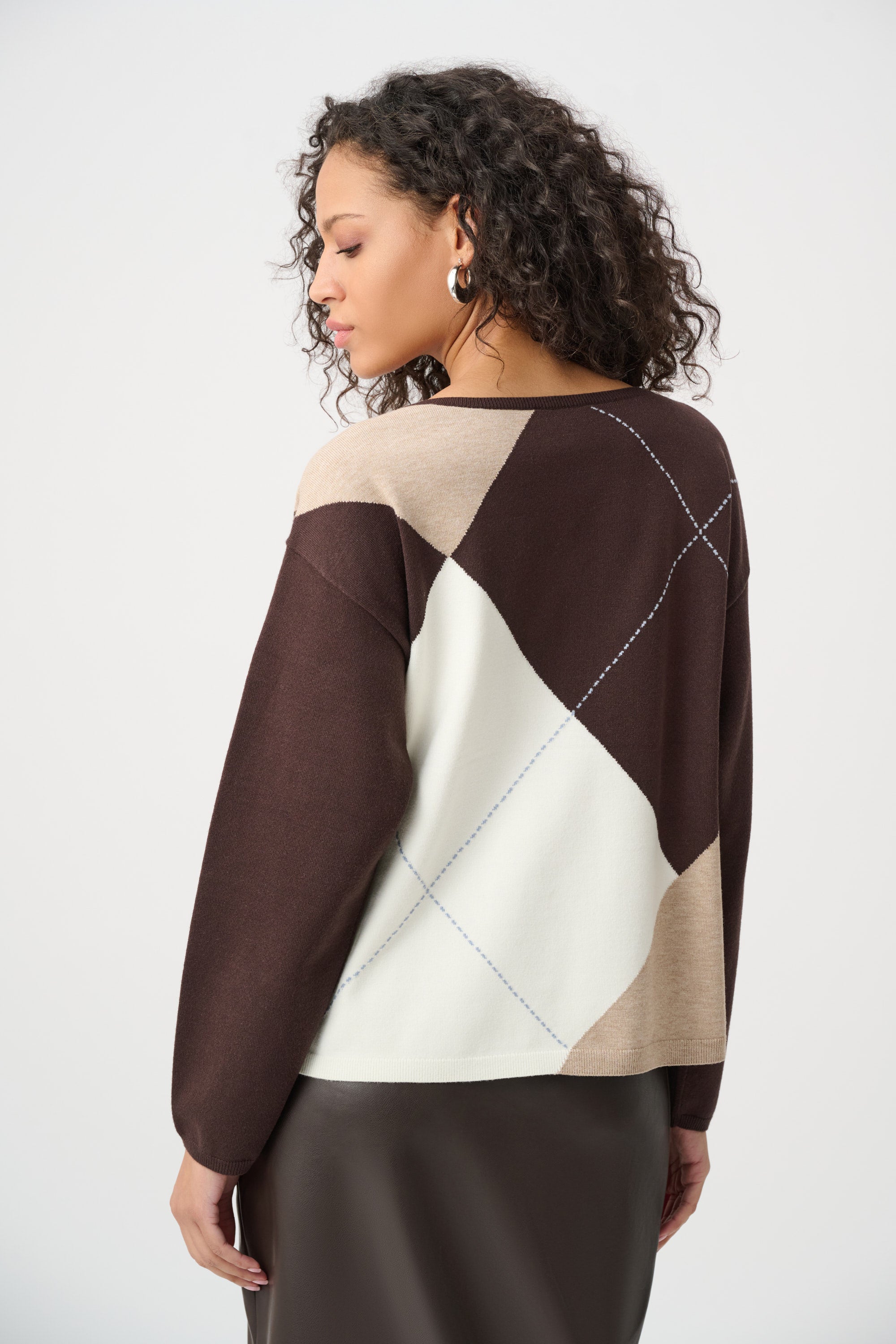 JOSEPH RIBKOFF BRUSHED VISCOSE KNIT ARGYLE PATTERN CREWNECK SWEATER TOP