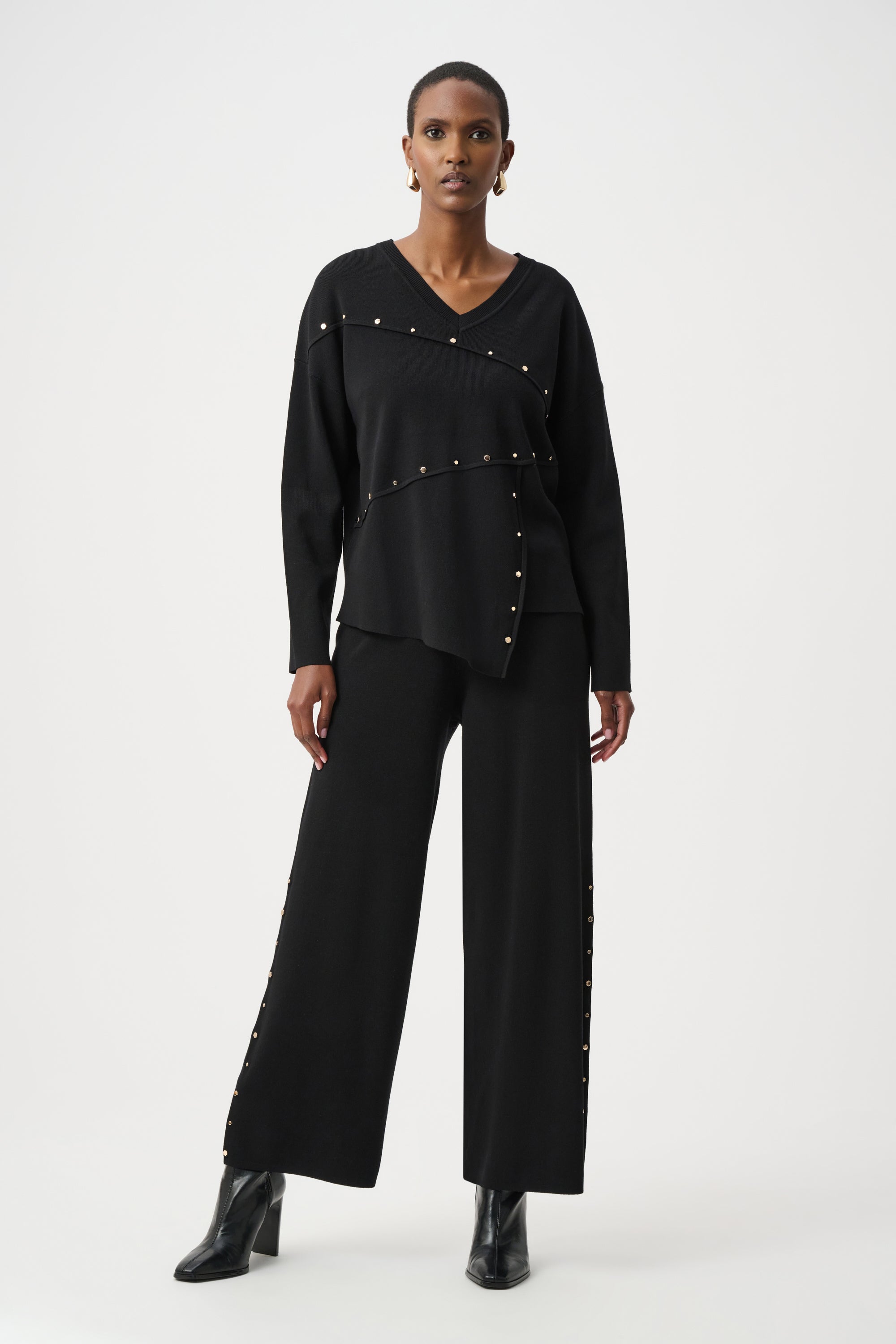Joseph Ribkoff Wide Leg Pull-On Sweater Pants With Metal Stud Detail