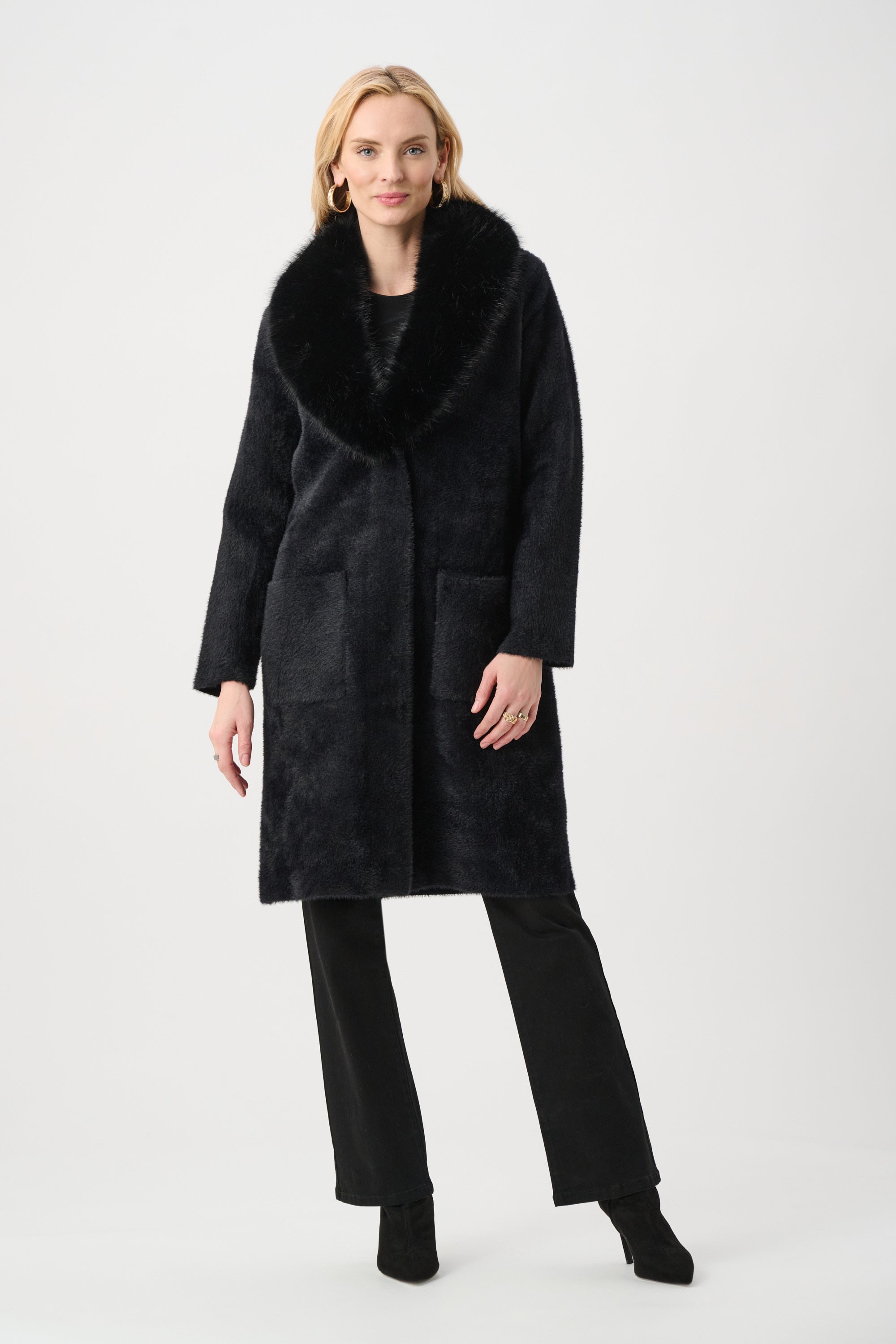JOSEPH RIBKOFF FEATHER YARN KNIT COAT WITH DETACHABLE FAUX FUR COLLAR