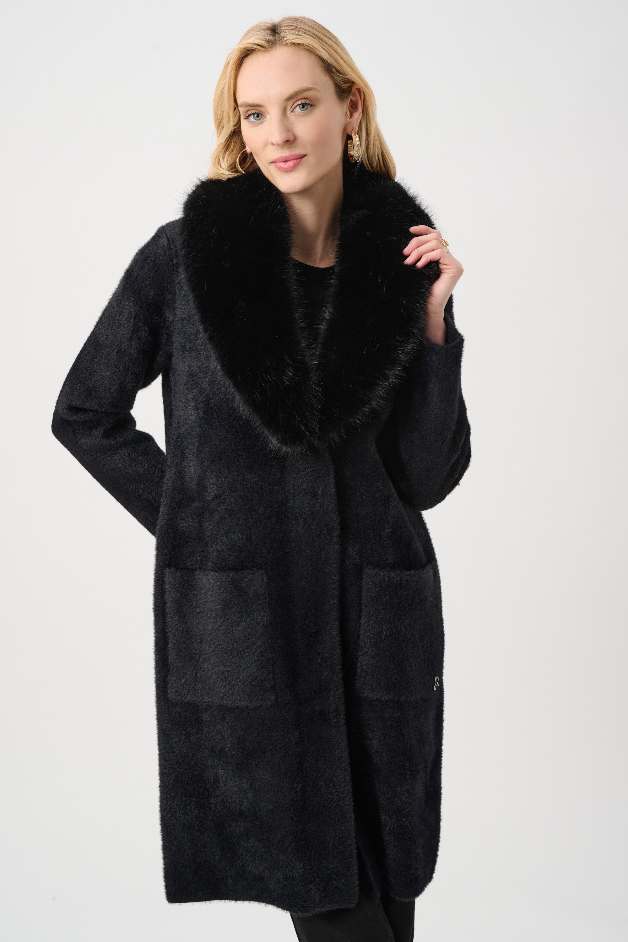 JOSEPH RIBKOFF FEATHER YARN KNIT COAT WITH DETACHABLE FAUX FUR COLLAR