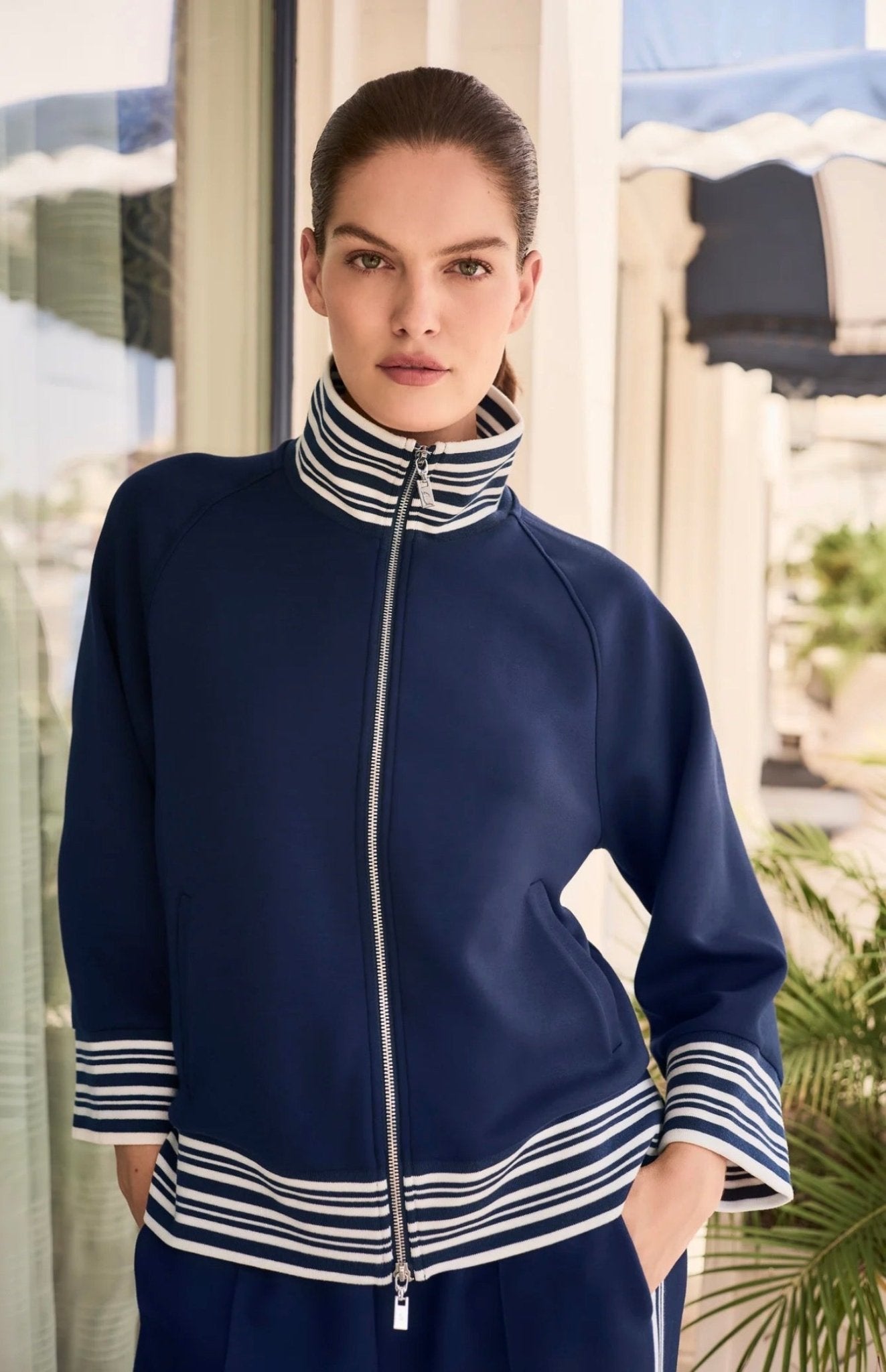 Joseph Ribkoff 261617 striped rib zip-front jacket in Indigo/Vanilla, front